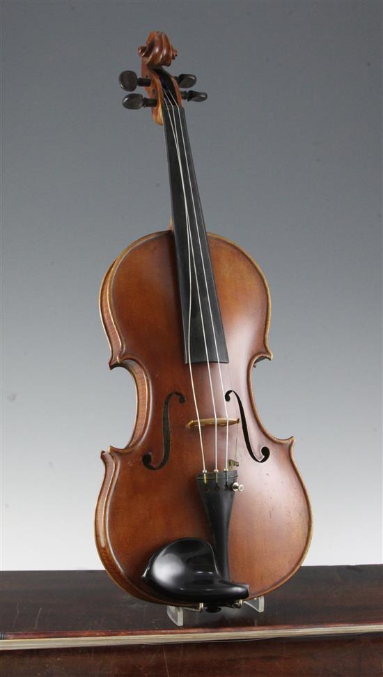 An English violin made by Arthur L. Scholes of Bedford, 23.5in., cased with two bows